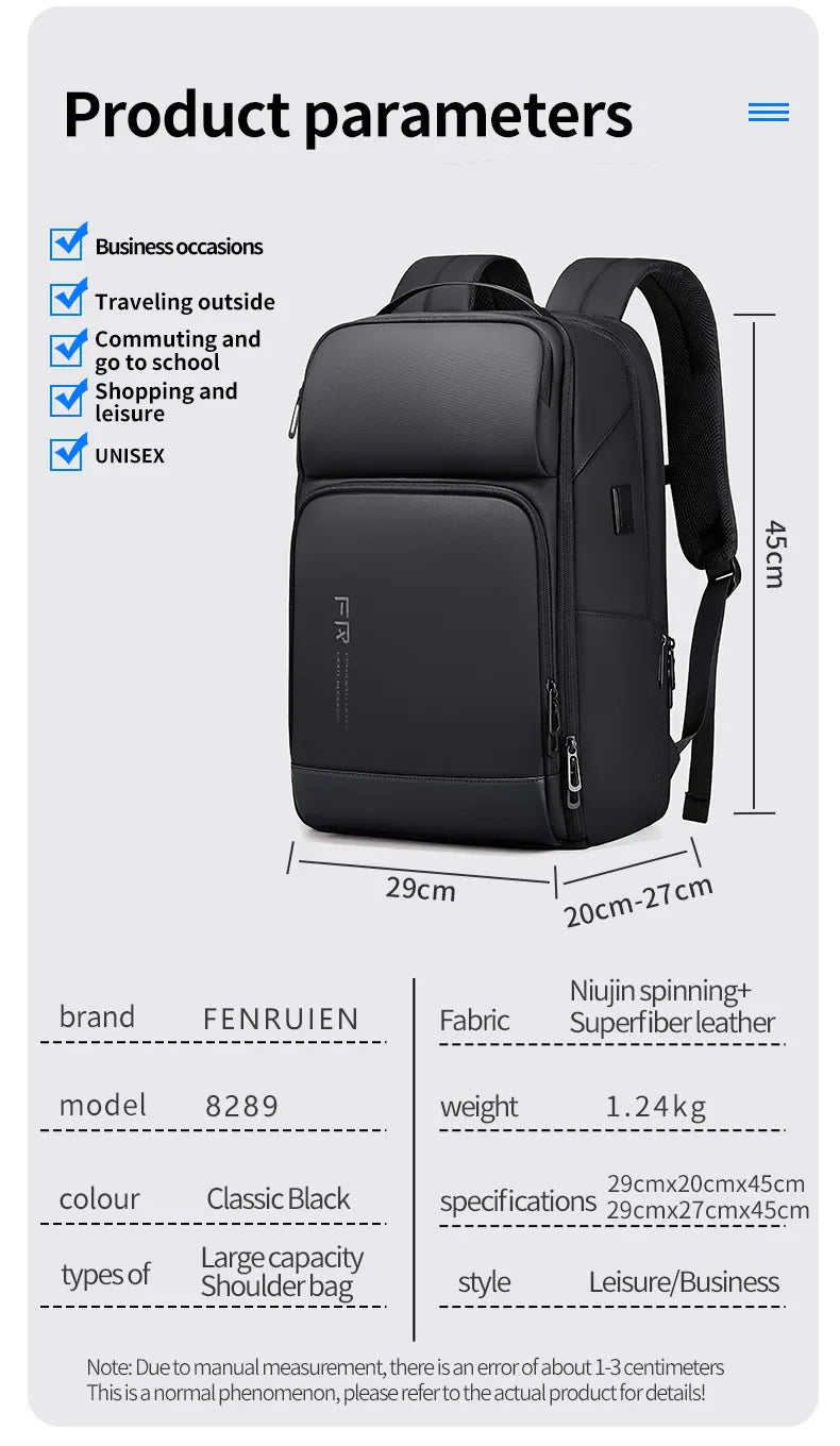 Fenruien Business Waterproof Backpacks USB Charging Men Backpack Fit 15.6 Inch Laptop Travel 35L Large Capacity Backpack