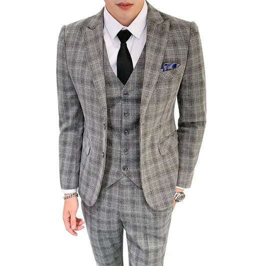 2023 Men's Business Plaid Official Suit Coat Pants Vest 3 PCS Set / Gentleman Groomsman Blazer Jackt Trousers Waistcoat S-5XL