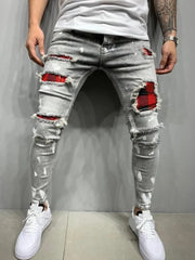 Distress Plaid Patch Holes Streetwear Ripped Skinny Jeans Men Biker Slim Elastic