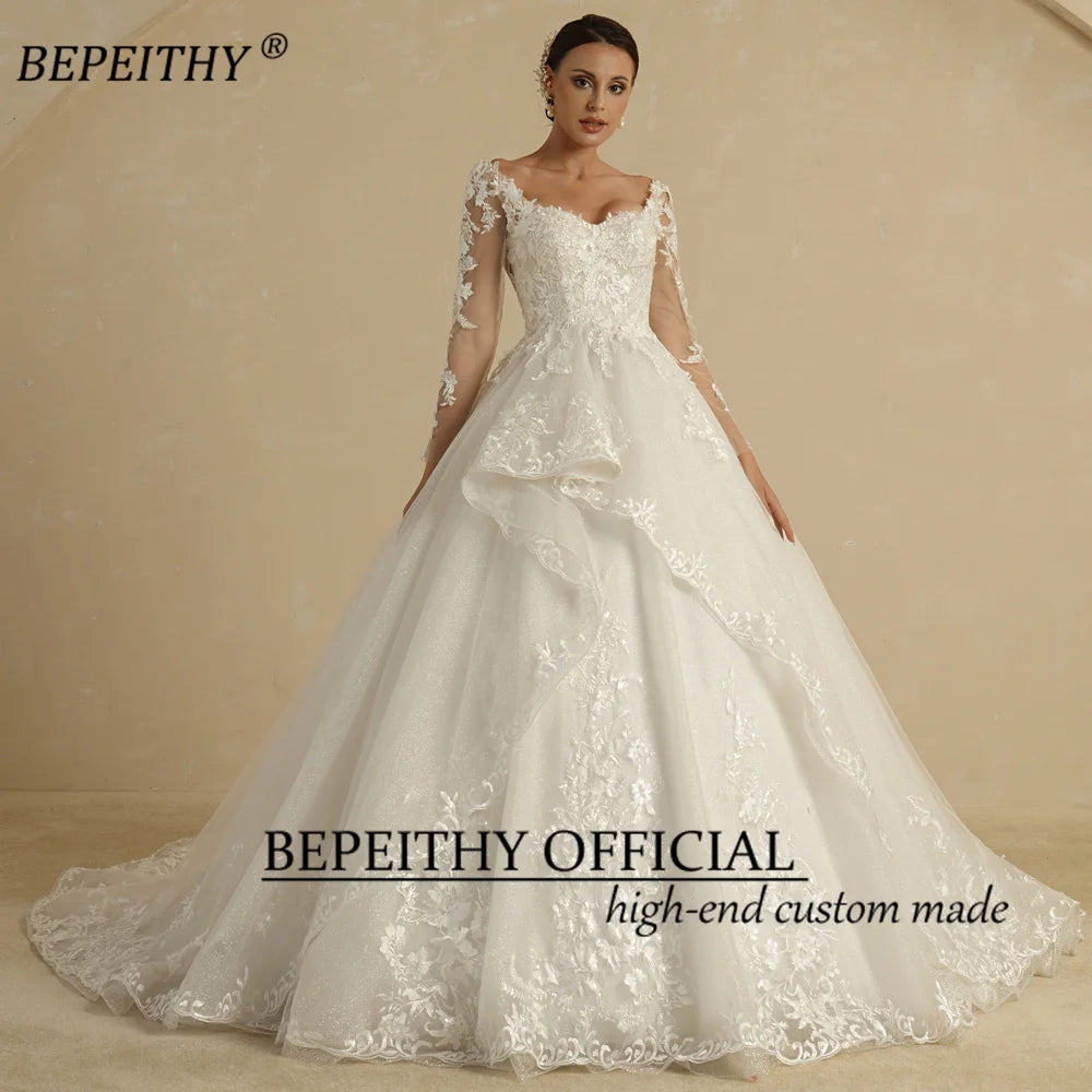 White Bridesmaid Dresses: Glitter Ivory Ball Gown Wedding Dresses Full Sleeves