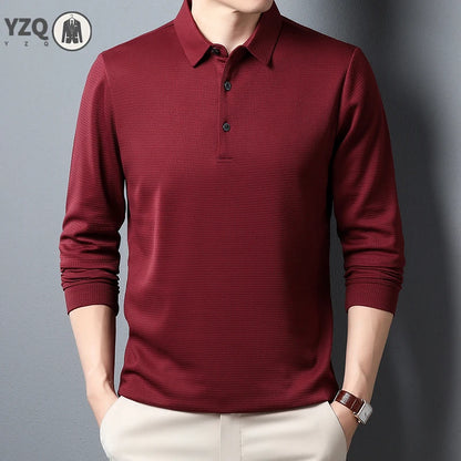 Men's Business Casual Polo Long Sleeve T-shirt Summer Comfortable  Solid Cotton Top