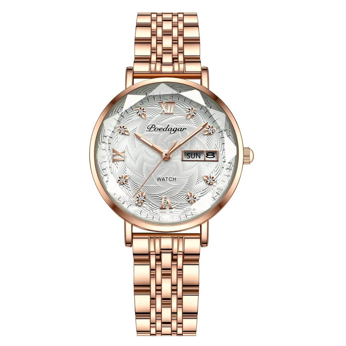 POEDAGAR Elegant Luxury Women Watch Waterproof Luminous Date Week Ladies Watches Fashion Stainless Steel Quartz Woman Wristwatch