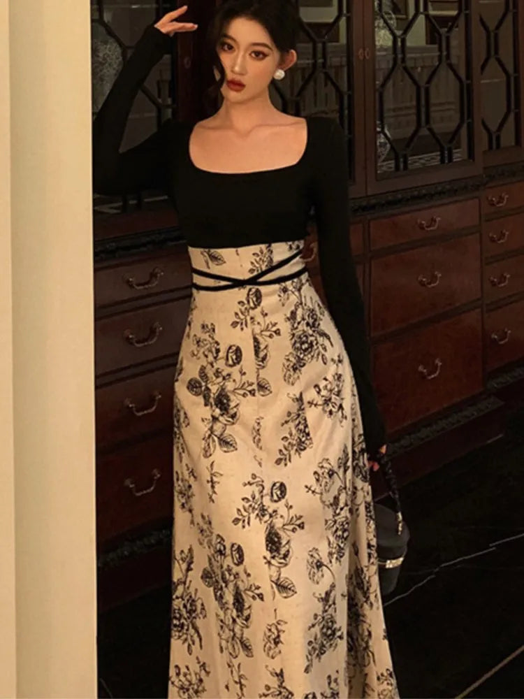 Evening Dresses: Women's Floral Patchwork Midi Dress Square Collar Long Sleeve