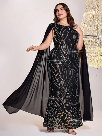 TOLEEN Women Plus Size Maxi Dresses Queen Aura Sequin High-Waisted Plus-Size Party ress Luxury Cape sleeves Elegant Dress