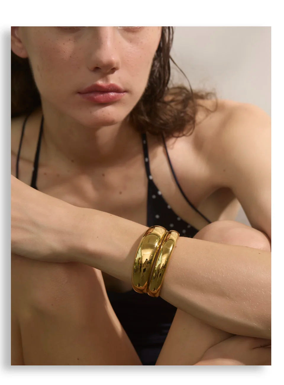 Yhpup 18K Golden PVD Plated Stainless Steel Double Layer Cuff Statement Bracelet Bangle Smooth Metal Texture Attractive Jewelry