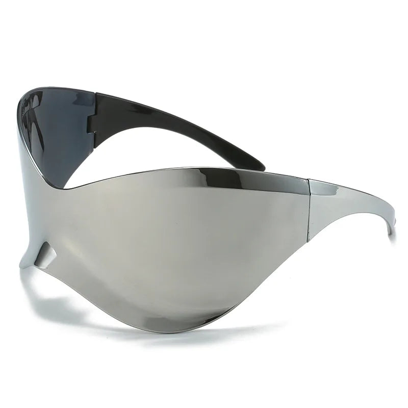 Y2K Sunglasses Women Fashion Silver Oversized Face Mark Shades Reflective Personal Sun Glasses for Cycling Travel