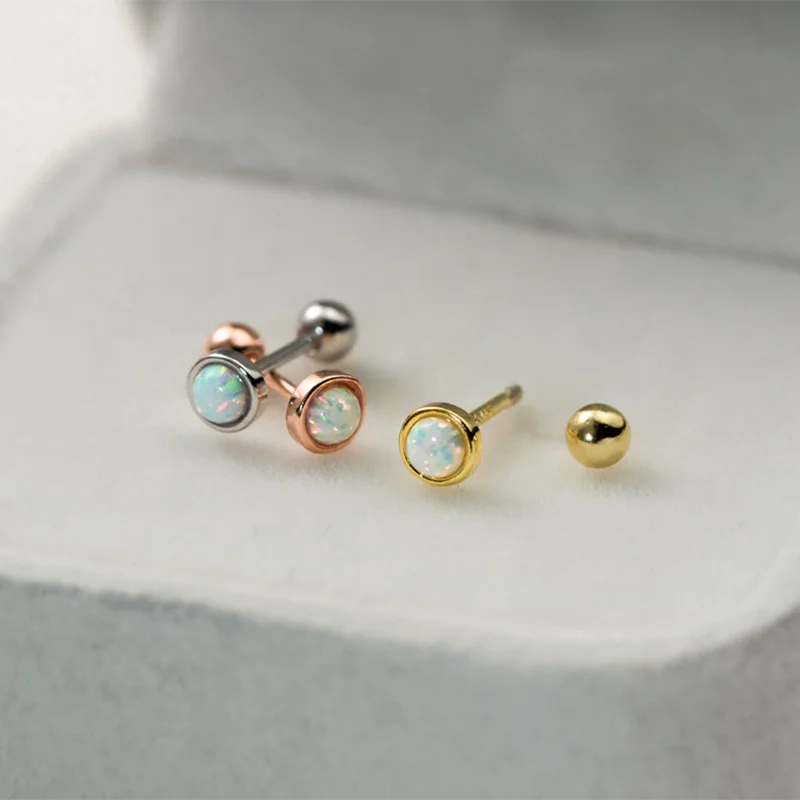 WANTME 925 Sterling Silver Simple Luxury Opal Screw Bead Stud Earrings for Women Fashion Ear Bone Piercing Jewelry Accessories