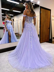 Blue Prom Dress Lace Embroid Evening Dress Side Split Party Dresses