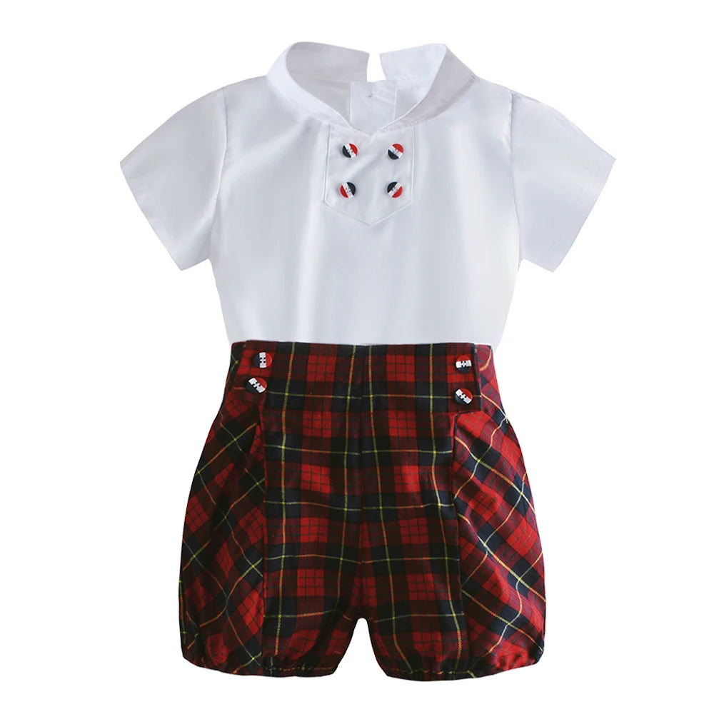 Short Sleeve Top Boy Spanish Clothes Red Plaid Shorts Set 6-48 Months Children Gentleman Formal Outfit Baby Cotton Birthday Suit
