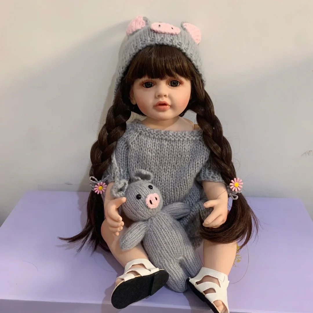 BZDOLL 55cm 22inch Lifelike Reborn Baby Girl Doll Soft Silicone Long Brown Hair Realistic Princess Toddler Bebe Birthday Gift