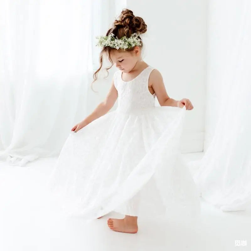 Girl's White Gauze Princess  Dress Performance Dress Flower Girl Wedding Little Girl Host Piano 1-5 Y wedding dress