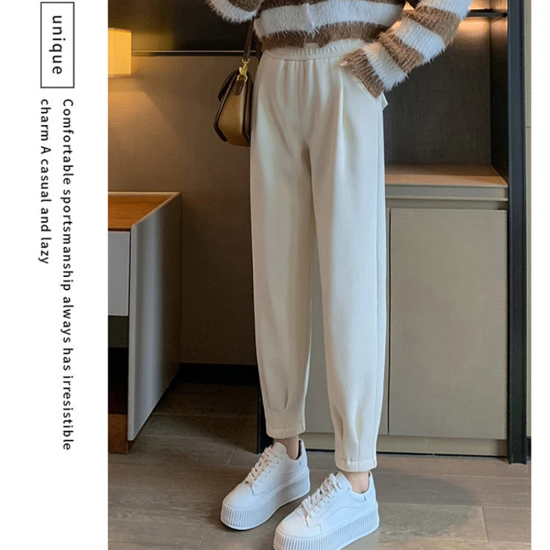 Women's Harem Pencil Pants Loose Pockets Plush Fleece Thick High Waist Sweatpants