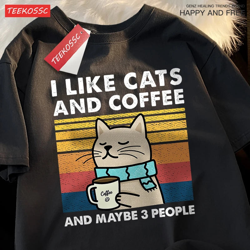 I Like Cats And Coffee Men Women T-Shirt Cotton Tee Clothes Hip Hop Loose Tshirt Fashion Crewneck T-Shirt Streetwear Couple