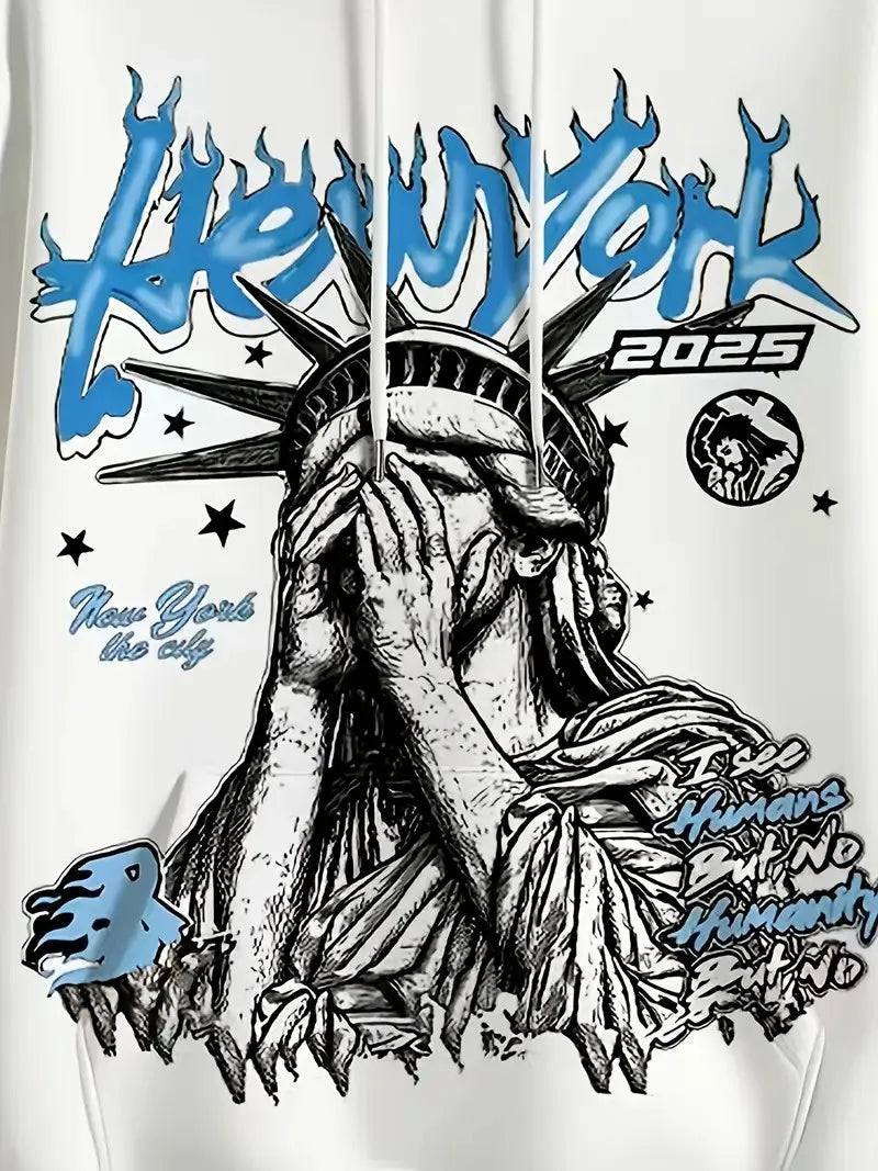 Fashionable new men's autumn Statue of Liberty print soft and comfortable hooded sweatshirt outdoor street style top