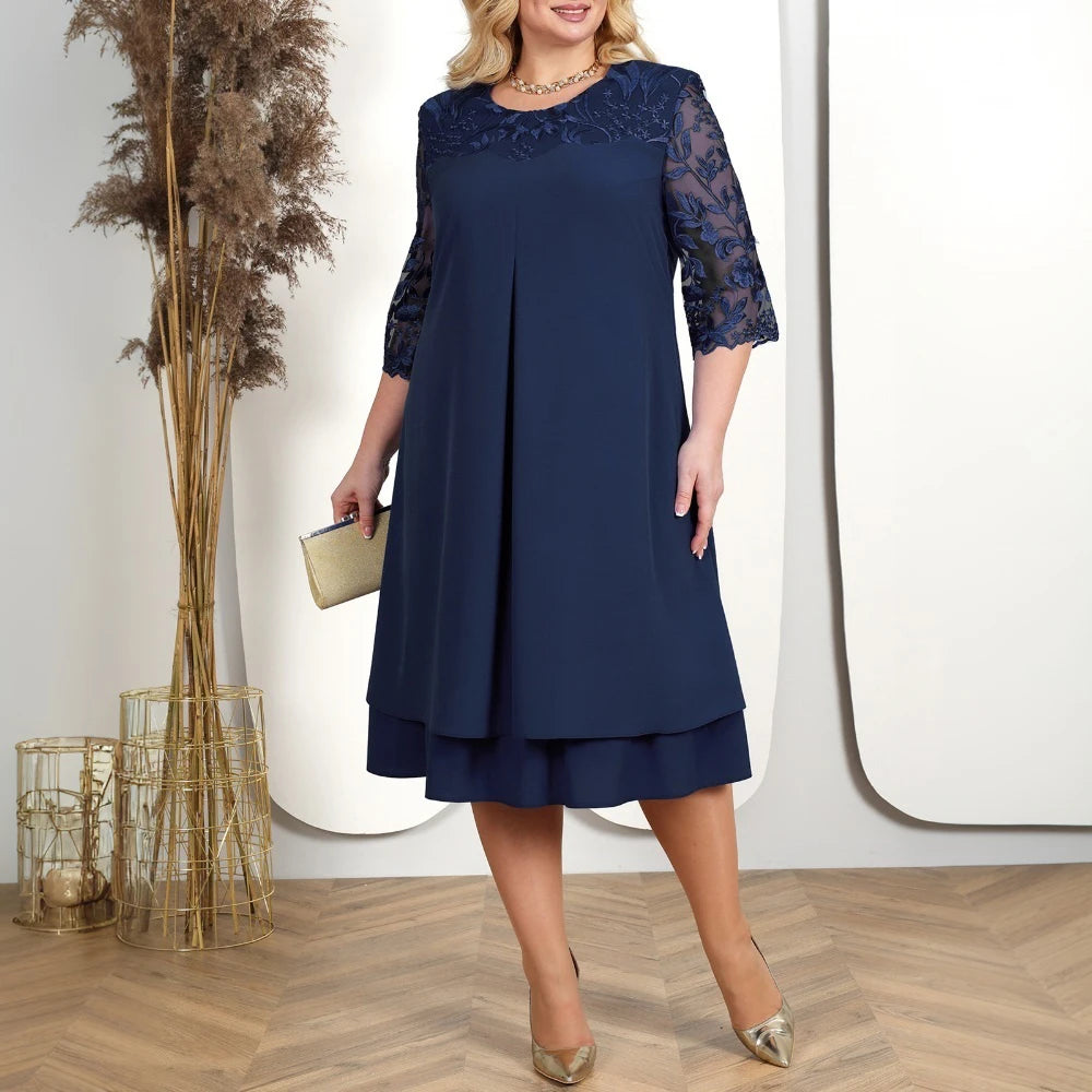 Plus Size Women's Elegant Solid Lace Chiffon Half Sleeve Midi Dress Ladies Party Cocktail Ball Gown Size XL-4XL