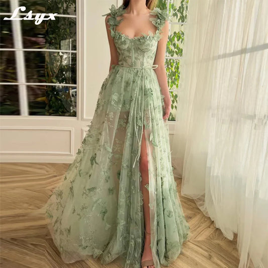 LSYX Sage Green 3D Lace Butterflies Sweetheart Prom Dresses 2024