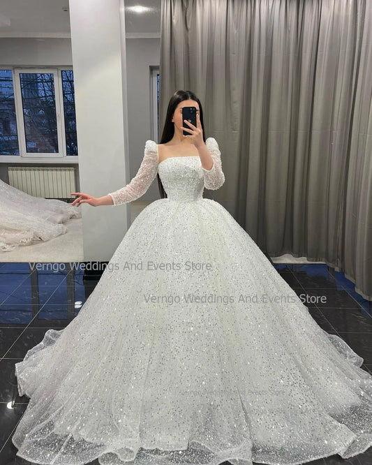 A-line Long Sleeves Wedding Dresses Strapless Sequin Bridal Gown