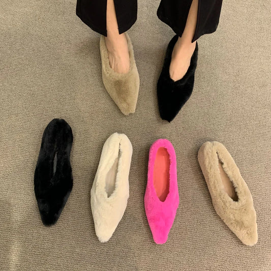 Fashion Pointed Toe Fur Ballet Flat Woman Winter Warm Plush Shallow Loafer Ladies Concise Furry Heeled Dress Shoes Zapatos Mujer