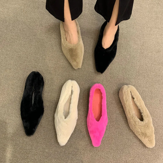 Fashion Pointed Toe Fur Ballet Flat Women Winter Warm Plush Shallow Loafer