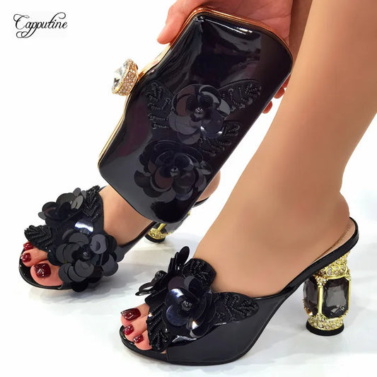 Black Women Platform Shoes And Bag Set Fashion African Ladies High Heels Slippers Match With Handbag Pumps Pantoufle Femme CR523
