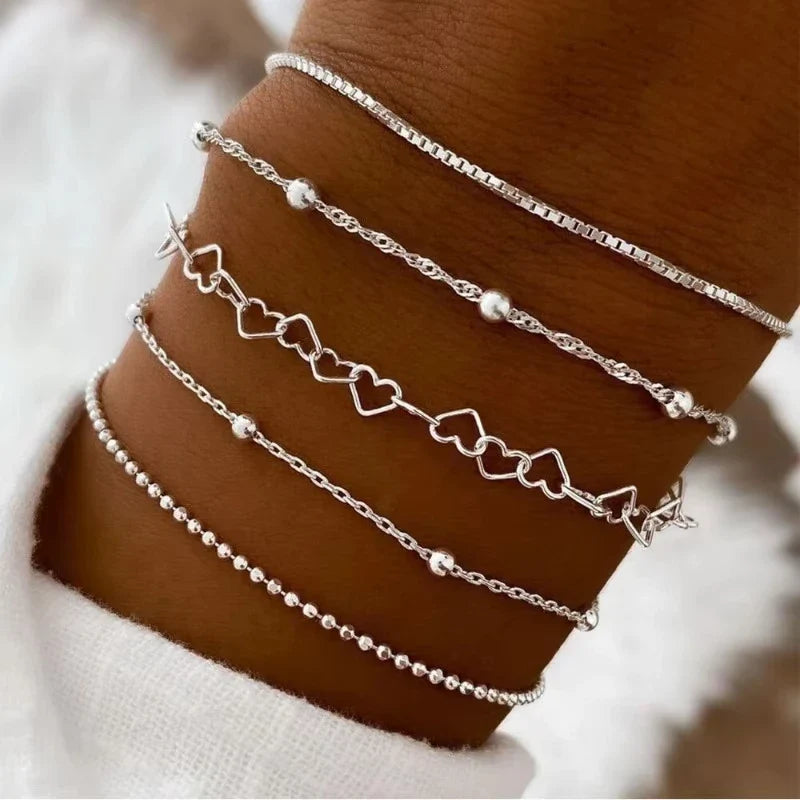 5 Pcs Set Silver Color Chain Bead Bracelets for Women Simple Elegant Vacation Beach Party Casual Jewelry Versatile Daily Wear