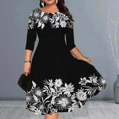 Women Dress Summer O-neck 3/4 Sleeve Midi Dress Plus Size Butterflies Printing