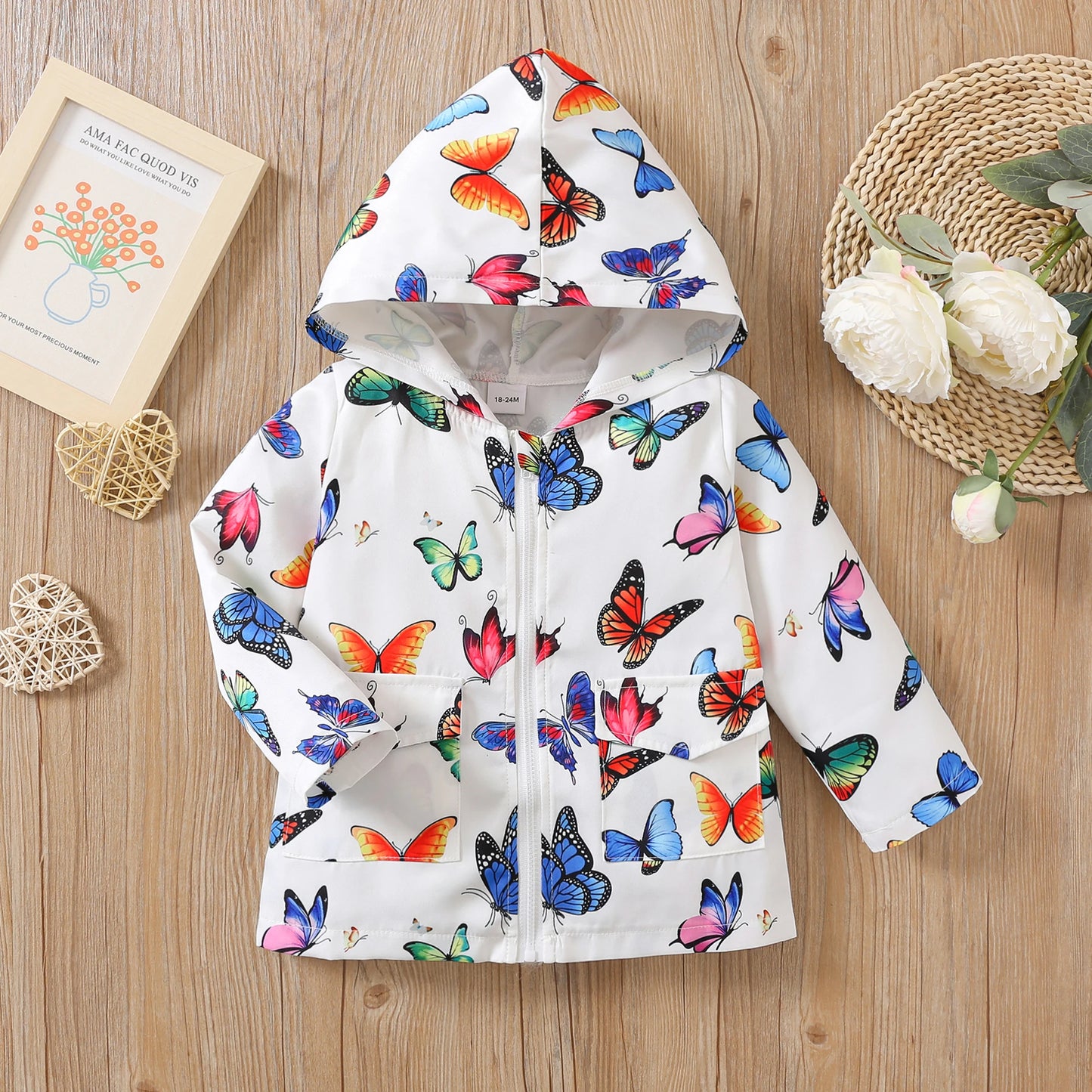 Explosive girls autumn hooded sweater cartoon butterfly print long-sleeved casual jacket kids fashion windbreaker baby clothing