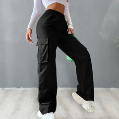 Women Cargo Pants Side Flap Pocket Trousers Solid Color Elastic Waist Wide Leg Female