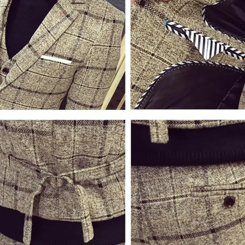 Tuxedo for Mens: Men's Slim Fit Plaid Three-Piece Suit Set - Cotton Blazer, Vest, and Pants