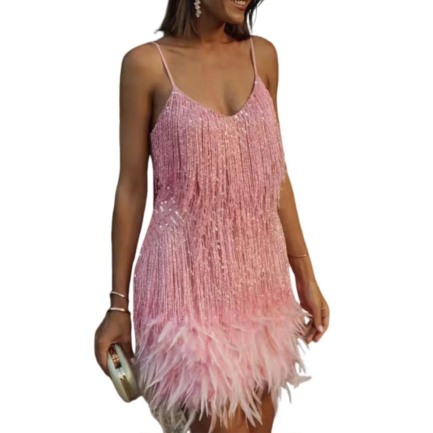 Chic  Elegant Dress Stretchy Tassel Sequins Decor Sexy Bodycon Mini Dress Pure Colors Above Knee Summer Dress Club Wear