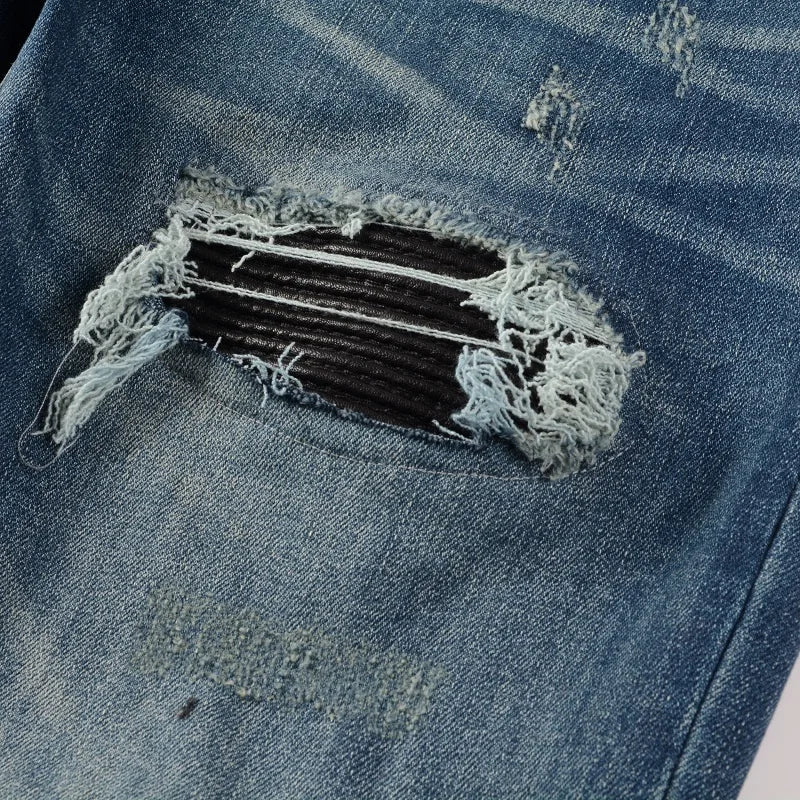 Men Leather Patch Biker Jeans Skinny Tapered Stretch Denim Blue Pants Streetwear