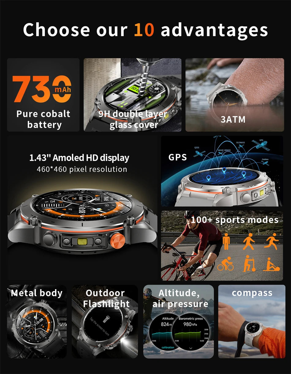 New Men Outdoors Sports Military GPS SmartWatch 10ATM Waterproof 730mAh High Battery Compass NFC HD Call For Android IOS Watch