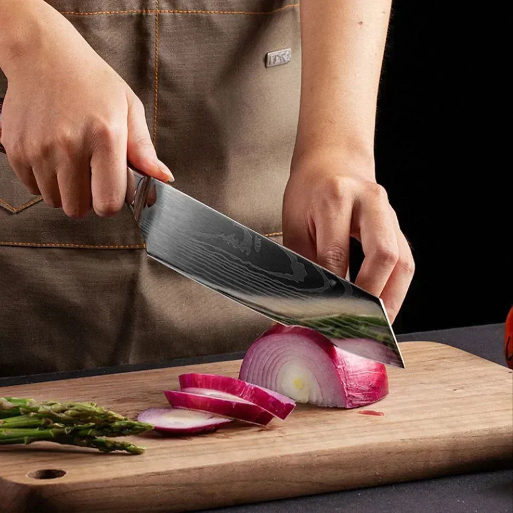 Professional Damascus Kitchen Knives Japanese Santoku Cleaver Slicing Knife Stainless