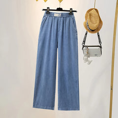 Summer Ice Silk Jeans Women Soft High Waist Wide Leg Pants