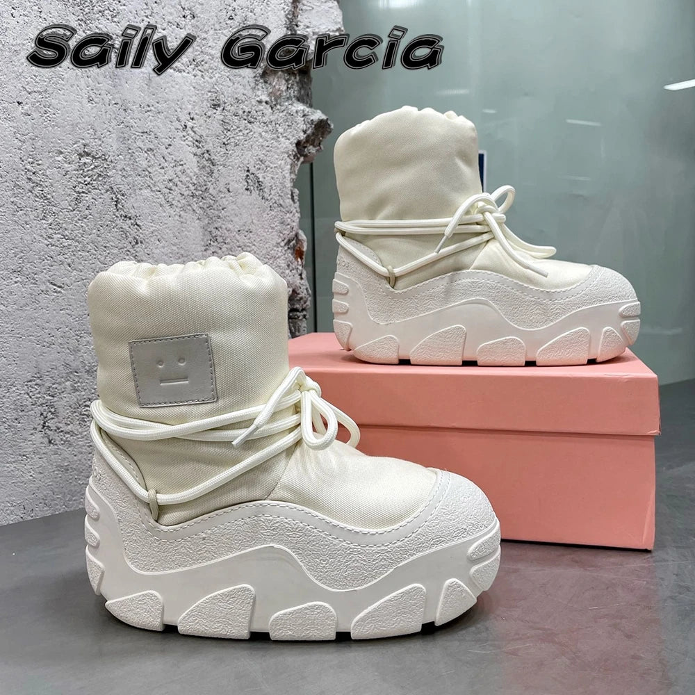 Bottom Short Plush Thick Bottom Snow Boots Winter Smile Face Lace Up Boots
