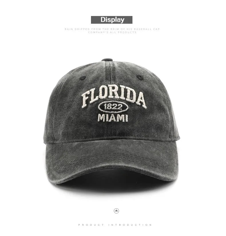 Vintage Washed Cowboy Baseball Cap for Men Women FLORIDA Embroidery Sun Cap Casual Snapback Hip Hop Hat Curved Brim Soft Top Hat
