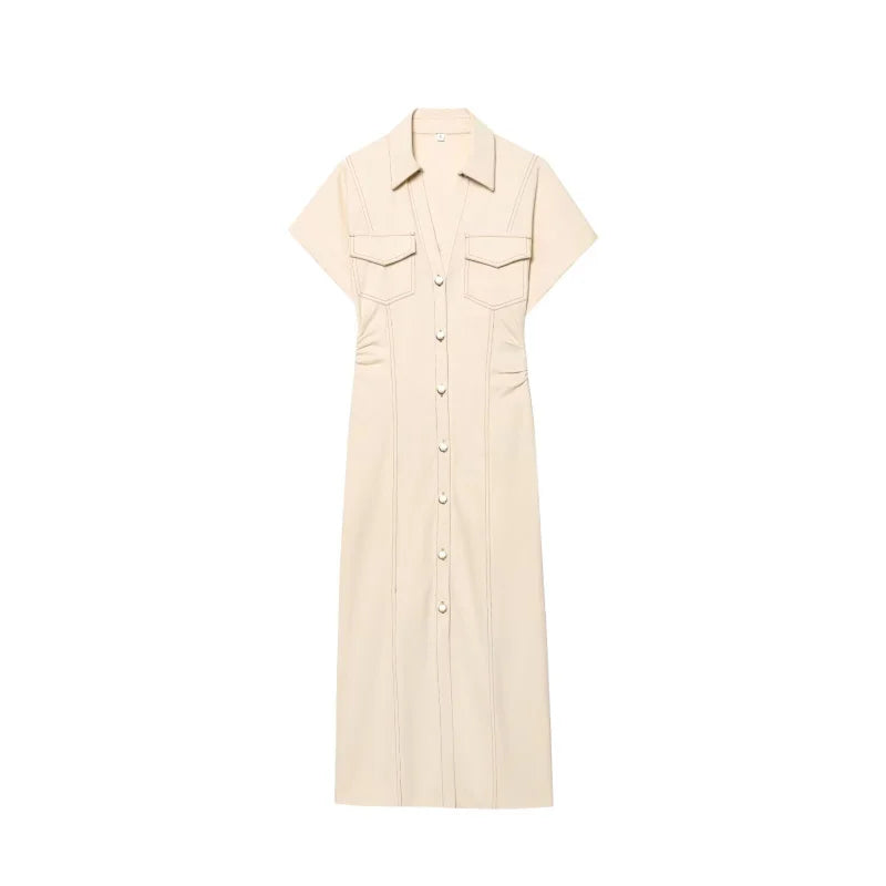 ETJ 2025  Spring New 1975 series denim MIDI dress with lapel side zipper fashion wrinkle waist slim elegant dress
