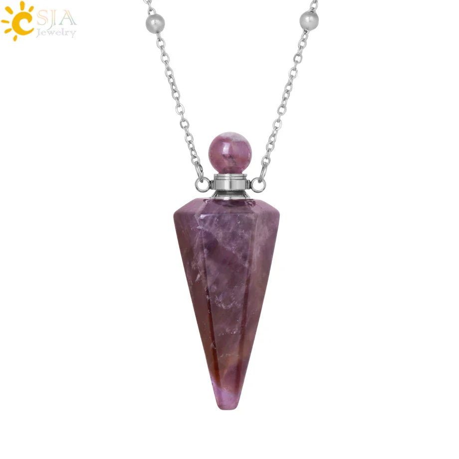 Natural Stone Cone Perfume Bottle necklace Healing Clear Quartz Crystal Pendant Reiki Essentials Oil Diffuser Vial Necklace H119