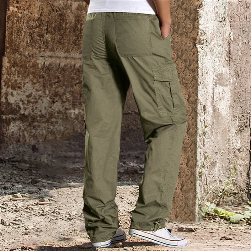 Men's Casual Cargo Cotton Pants Men Pocket Loose Straight Pants Elastic