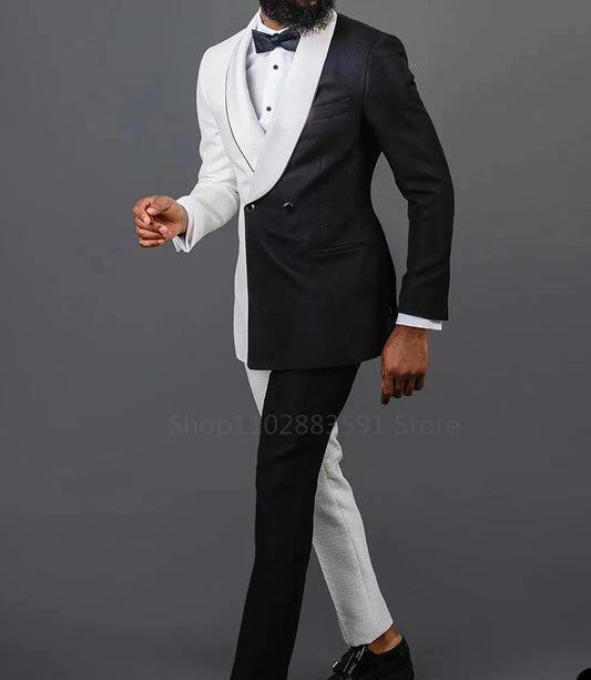 2 Pieces Men Suits Set  Wedding Groom Tuxedo White Black Blazer+Pants