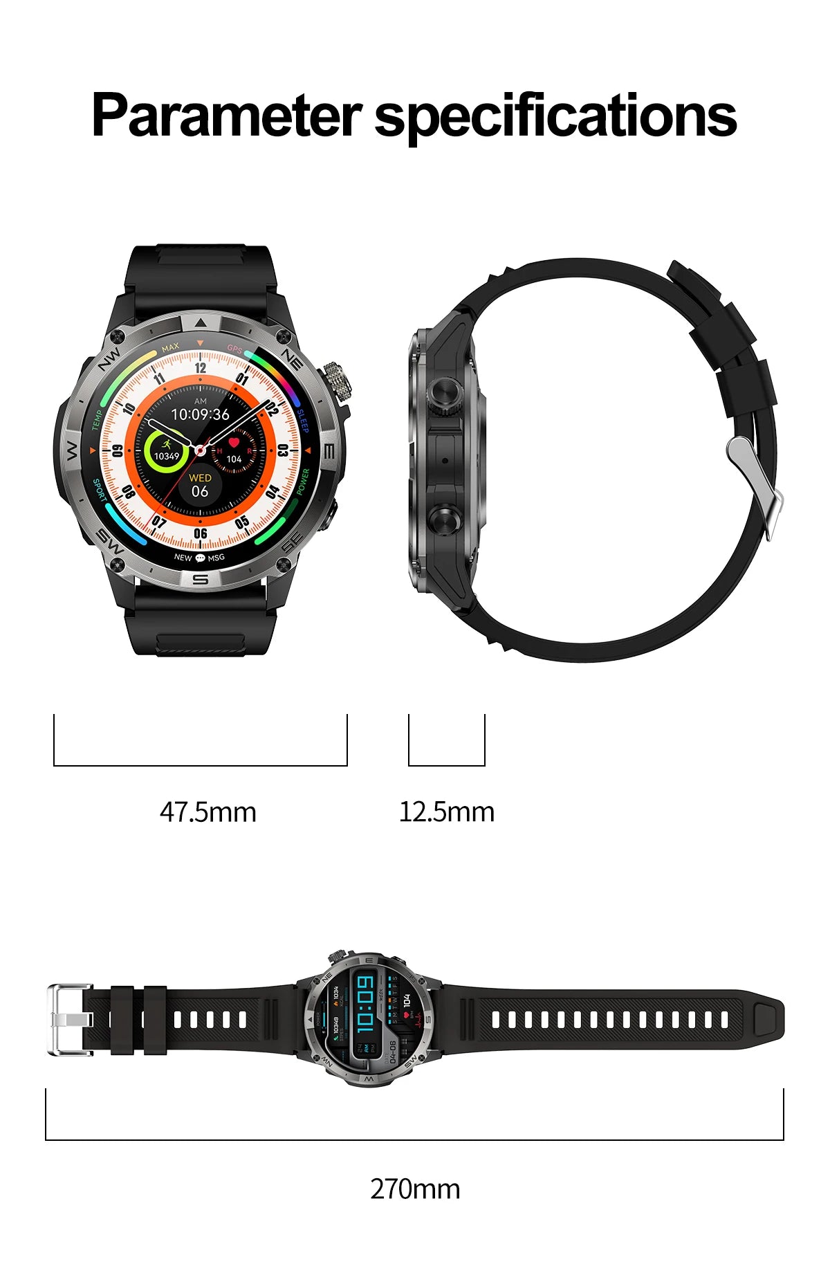 NORTH EDGE GPS Sports Smart Watch 1.43'' Amoled Display AOD Mens Watch Bluetooth Call Altitude Barometer Compass IP68 Waterproof