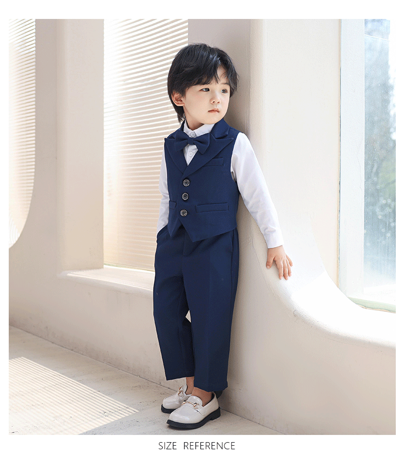 3Pcs Children Boys Black Blue Wedding Suit Teenager Kids Boy Piano Ceremony Tuxedo Suit Formal Vest Shirt Pants Bow Kid Boy Suit