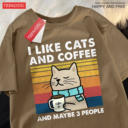 I Like Cats And Coffee Men Women T-Shirt Cotton Tee Clothes Hip Hop Loose Tshirt Fashion Crewneck T-Shirt Streetwear Couple