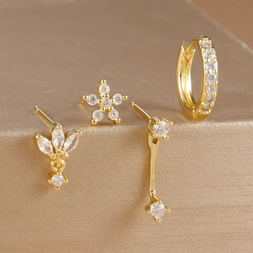 4PCS Stainless Steel Circle Huggie Hoop Earrings Set for Women Gold Color Unique Zircon Flower Stud Earring Piercing Jewelry