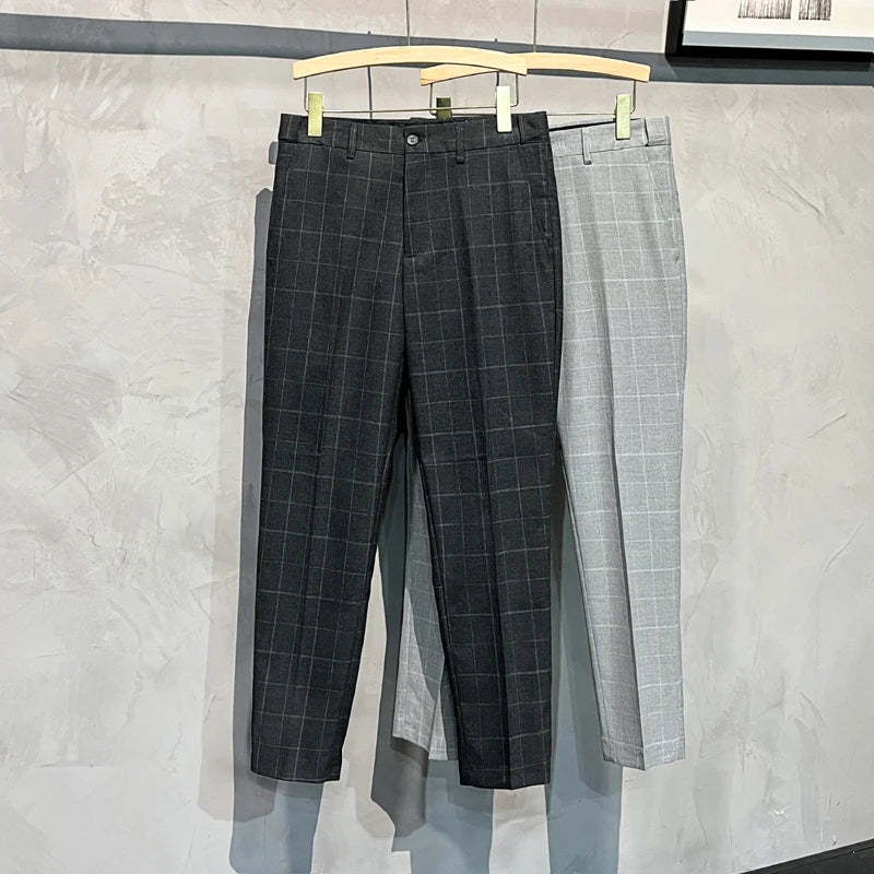 Plaid Suit Pants Men Summer Thin Casual Trousers  Ankle Length Business Formal Dress