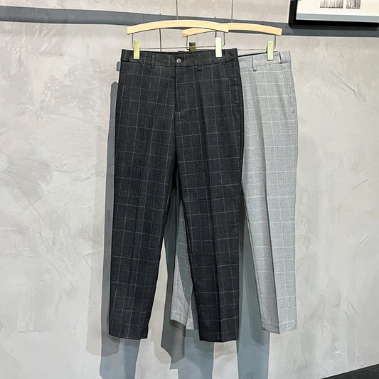 Plaid Suit Pants Men Summer Thin Casual Trousers  Ankle Length Business Formal Dress