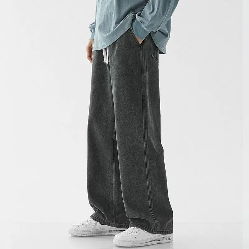 Korean Casual Baggy Jeans Pants Lace Up Elastic Waist Wide Leg Pants Preppy