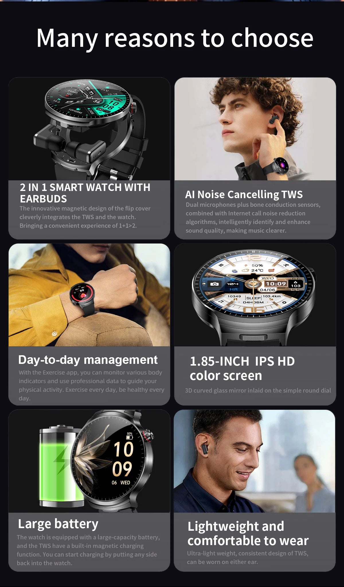 LIGE 2025 New TWS 2-In-1 Headset Smart Watch 1.85" Bluetooth Call Men Earphone Smartwatch Heart Rate Health Monitor Music Watch