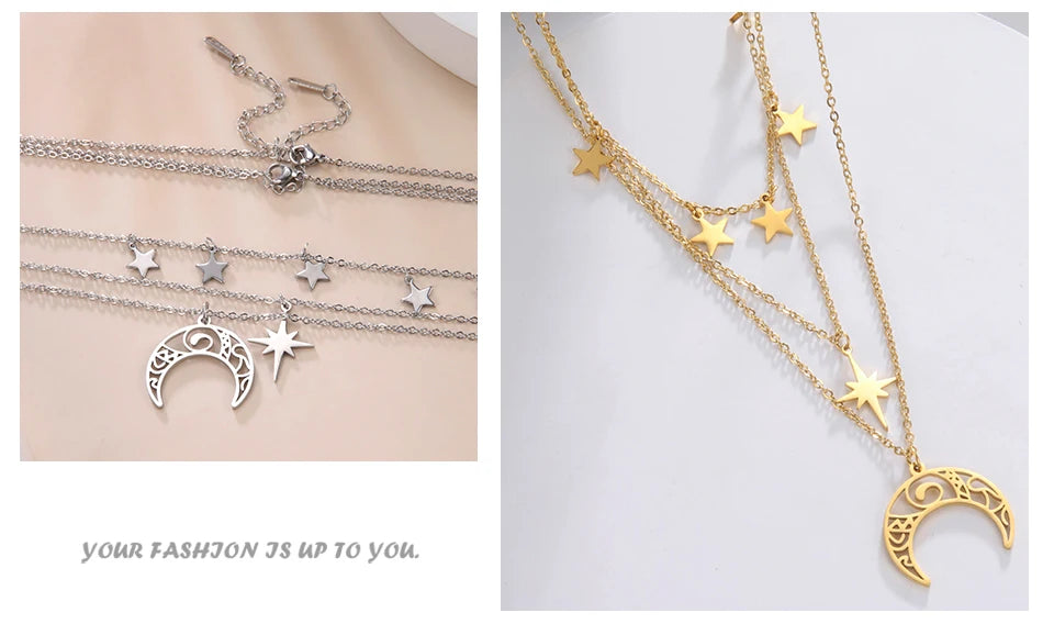 Teamer Three Layer Witchy Necklace for Women Star Moon Stainless Steel Necklaces