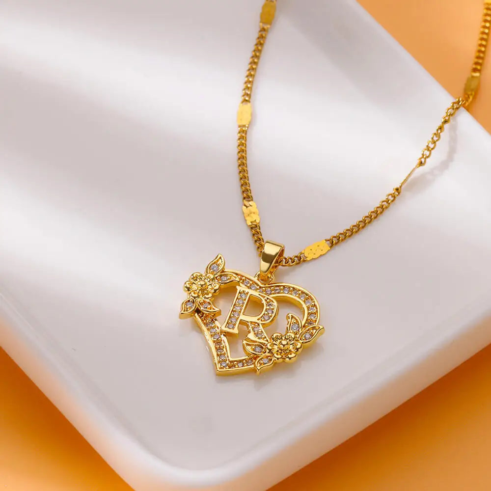 Flower Zircon Initial Heart Pendant Necklaces For Women 2024 Trend Stainless Steel Letter Necklaces Jewelry Best Friend Gifts